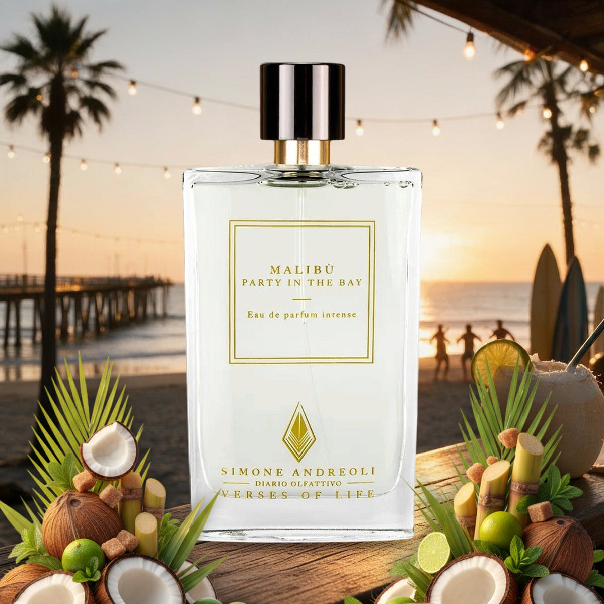 Malibù Party in the Bay von Simone Andreoli an der Strandbar in Malibu im Sommer-Sonnenuntergang, mit Kokosnüssen