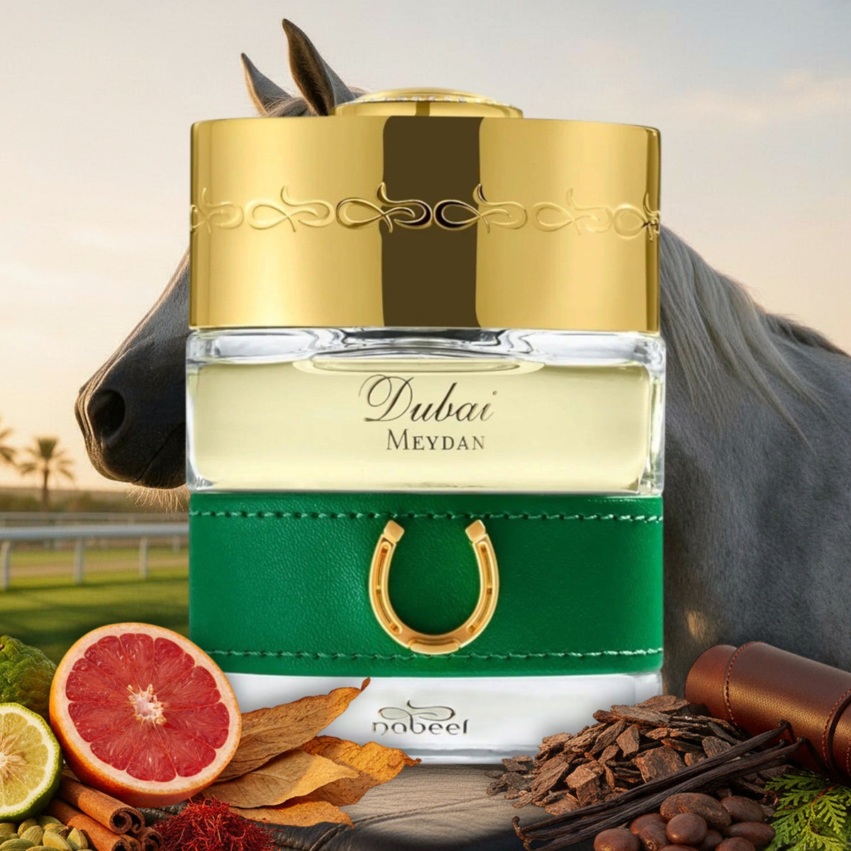 Dubai Meydan von The Spirit of Dubai – Flakon vor Araberhengst auf grüner Rennbahn mit Grapefruit, Tabak, Oud und Leder