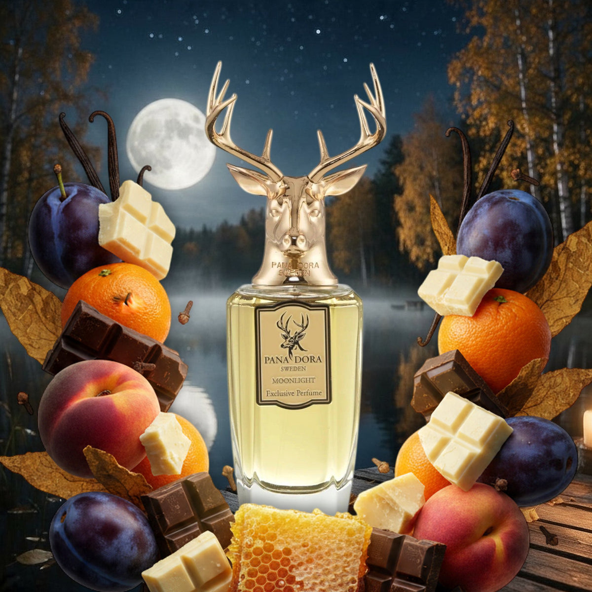 Moonlight von Pana Dora mit Pflaume, Pfirsich, Schokolade und Honigwabe an einem schwedischen See bei Vollmond im Herbst