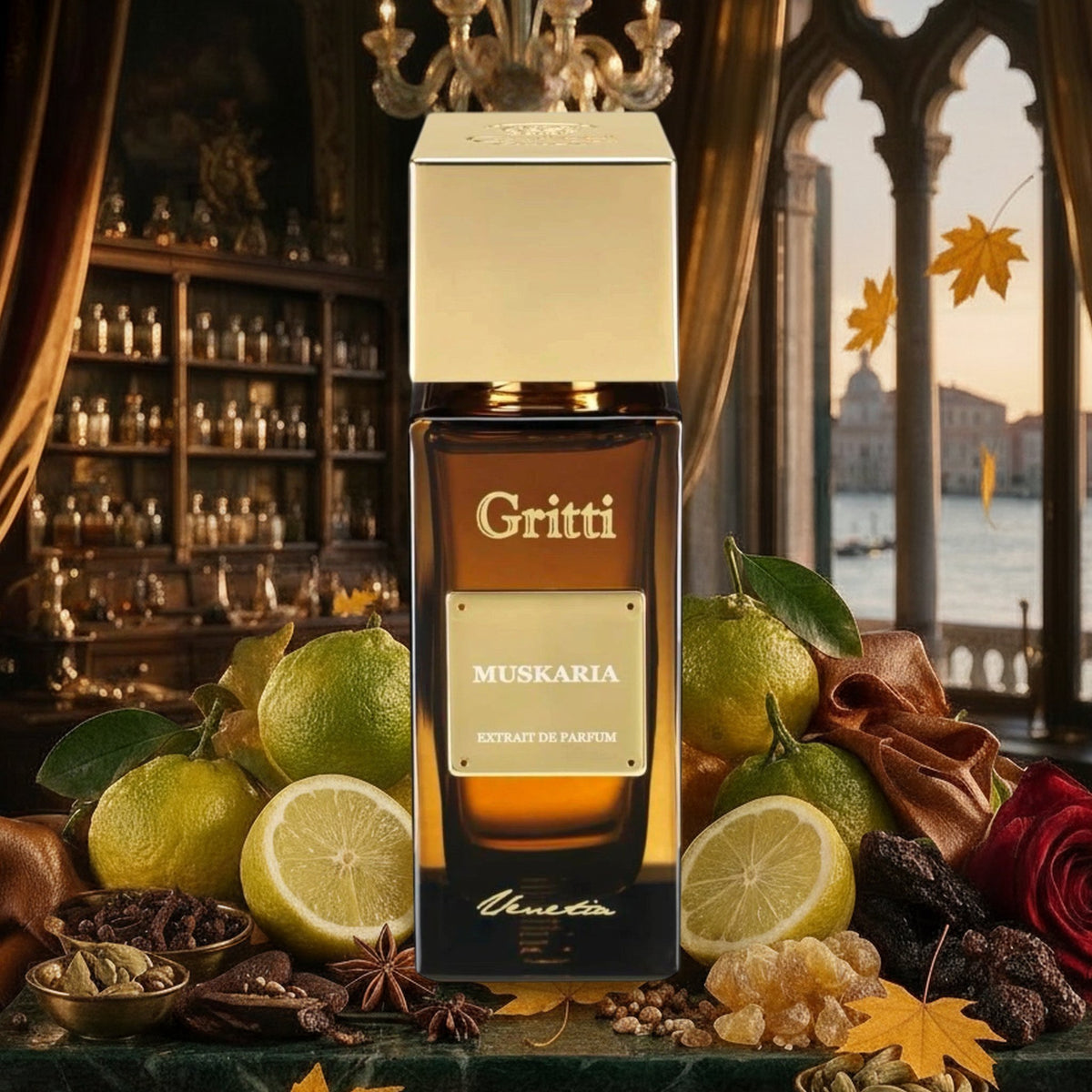 Muskaria von Gritti mit Bergamotte, Gewürzen, Rose und Harzen im venezianischen Palazzo-Salon am Herbstabend
