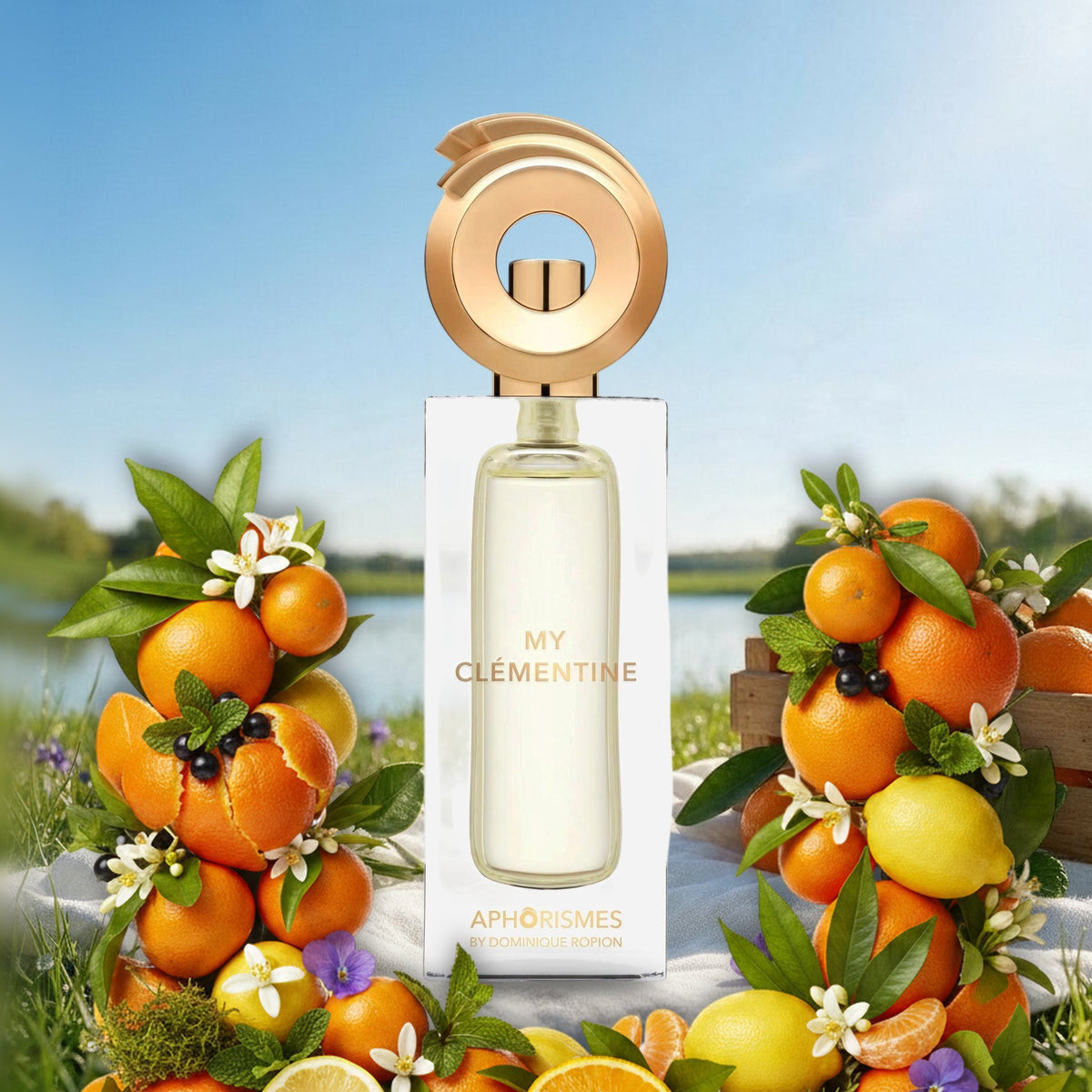 My Clémentine von Aphorismes auf einer Frühlingswiese am See, umrahmt von Clementinen, Zitronen, Minze und Orangenblüten