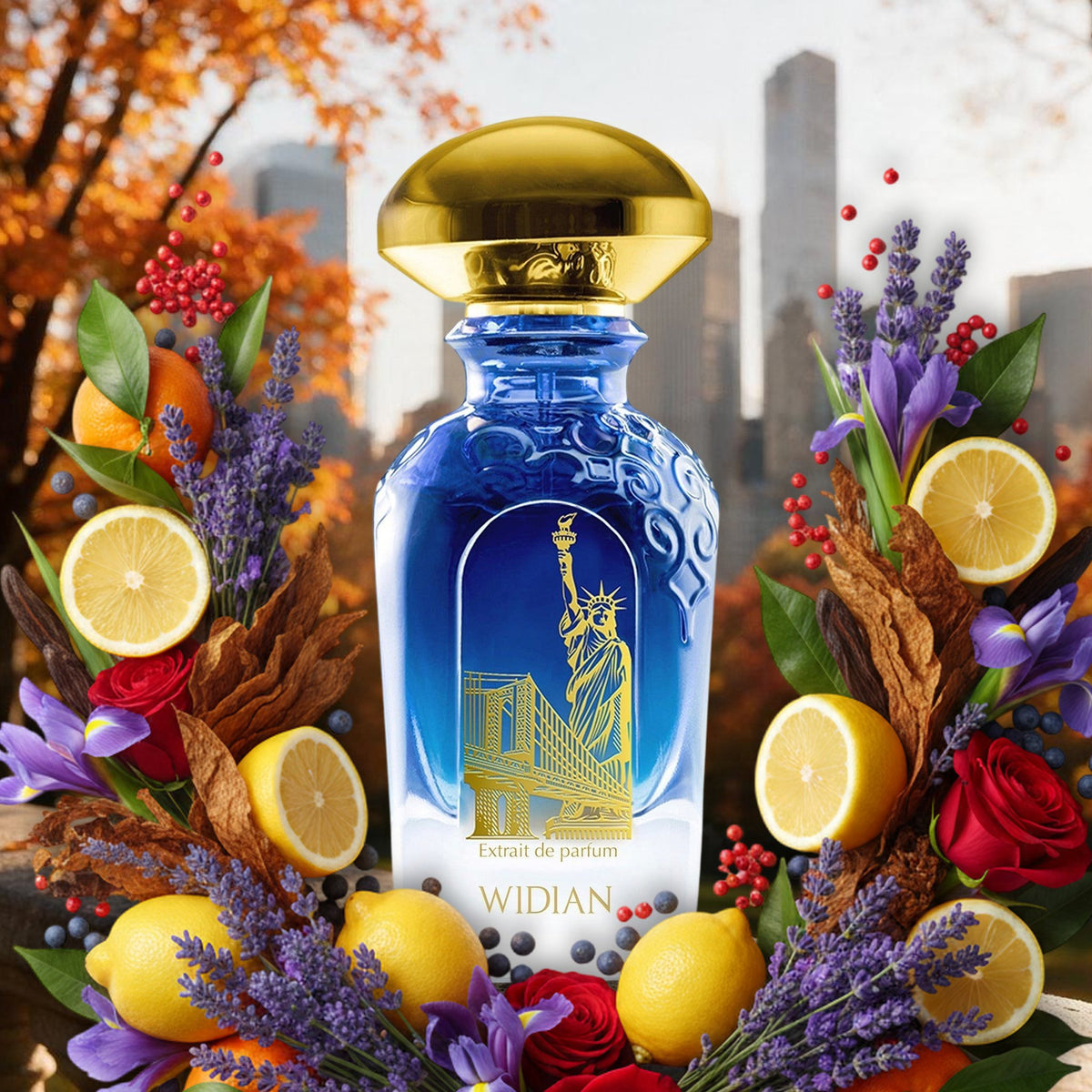 New York von Widian im herbstlichen Central Park vor der Skyline, mit Zitrone, Lavendel, Iris, Rose und Tabak