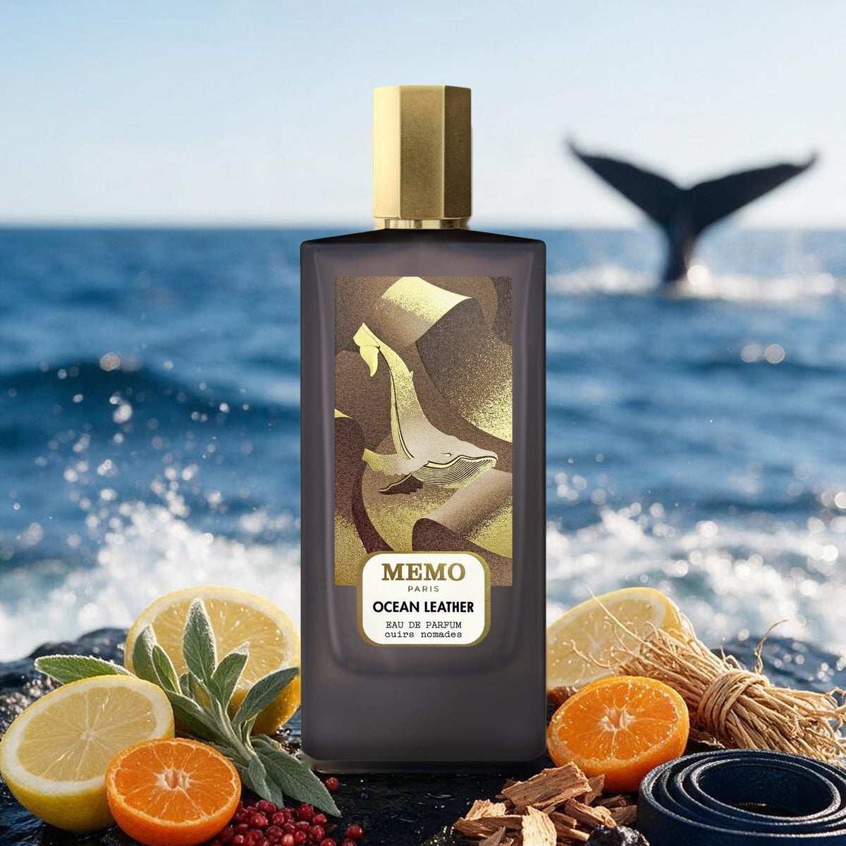 Ocean Leather by Memo Paris – bottle by the open sea with lemon, mandarin, vetiver and leather