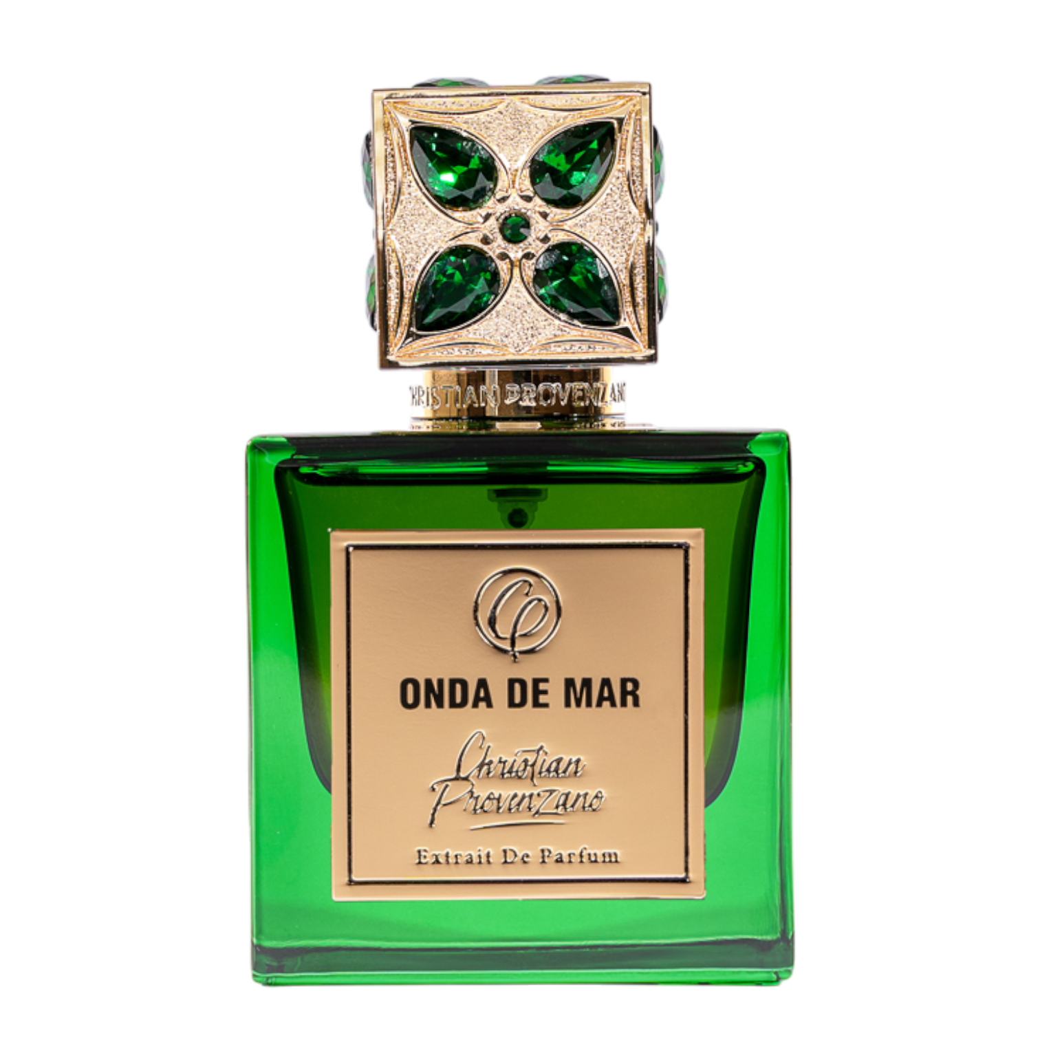 Christian Provenzano Onda De Mar Extrait de Parfum im smaragdgrünen Glasflakon mit goldfarbener Plakette und kunstvoll verziertem Verschluss mit grünen Schmucksteinen.