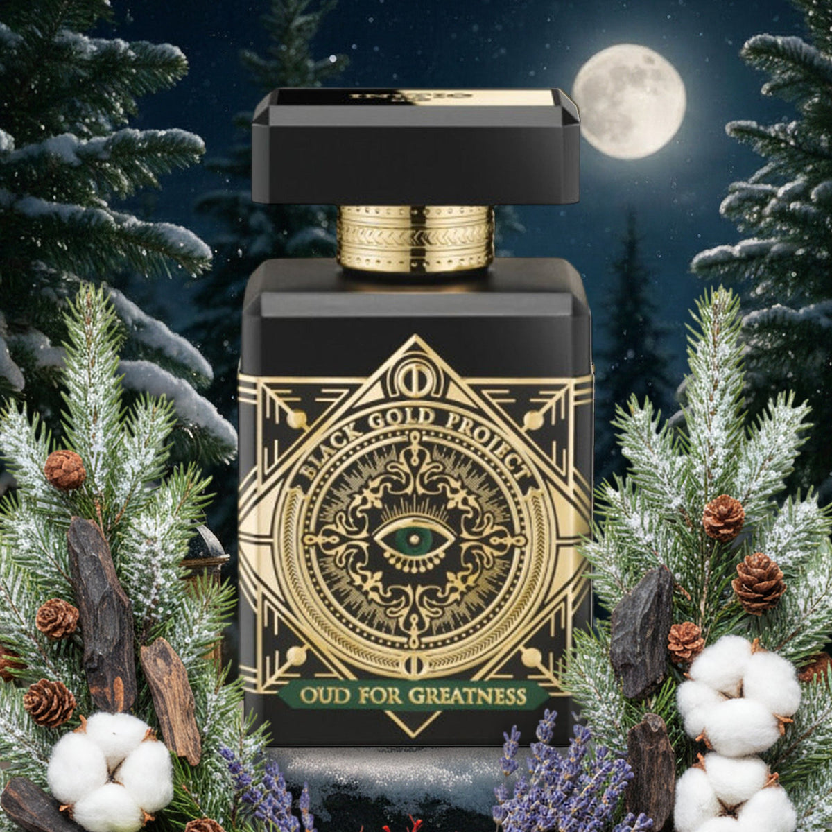 Oud for Greatness Neo von Initio – Flakon mit Balsamtanne, Oudholz, Lavendel und Moschus im verschneiten Wald bei Vollmond