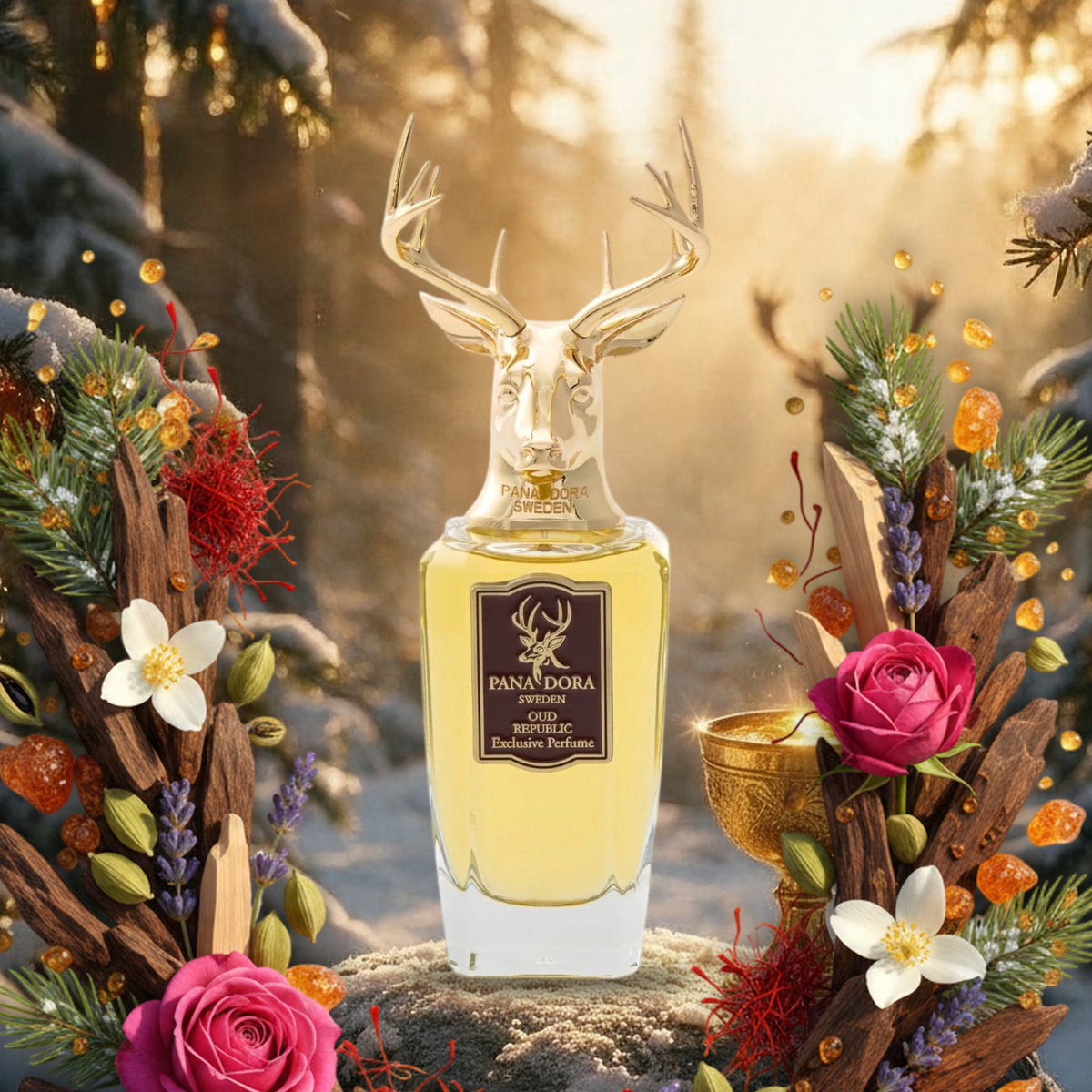 Oud Republic von Pana Dora Sweden mit Oud-Holz, Rose, Safran und Tannenzweigen im verschneiten schwedischen Wald