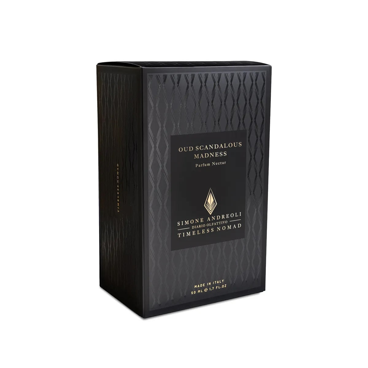 Verpackung von Oud Scandalous Madness, Simone Andreoli – schwarze Box mit goldener Prägung