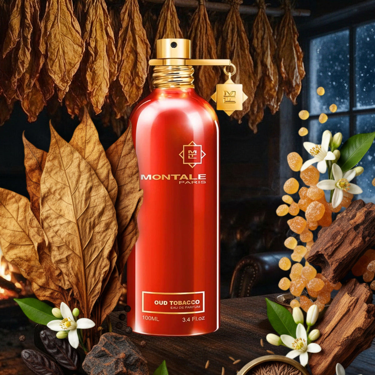 Oud Tobacco von Montale – Flakon mit Tabakblättern, Oudholz, Weihrauch, Tonkabohnen und Orangenblüten am Winterkamin