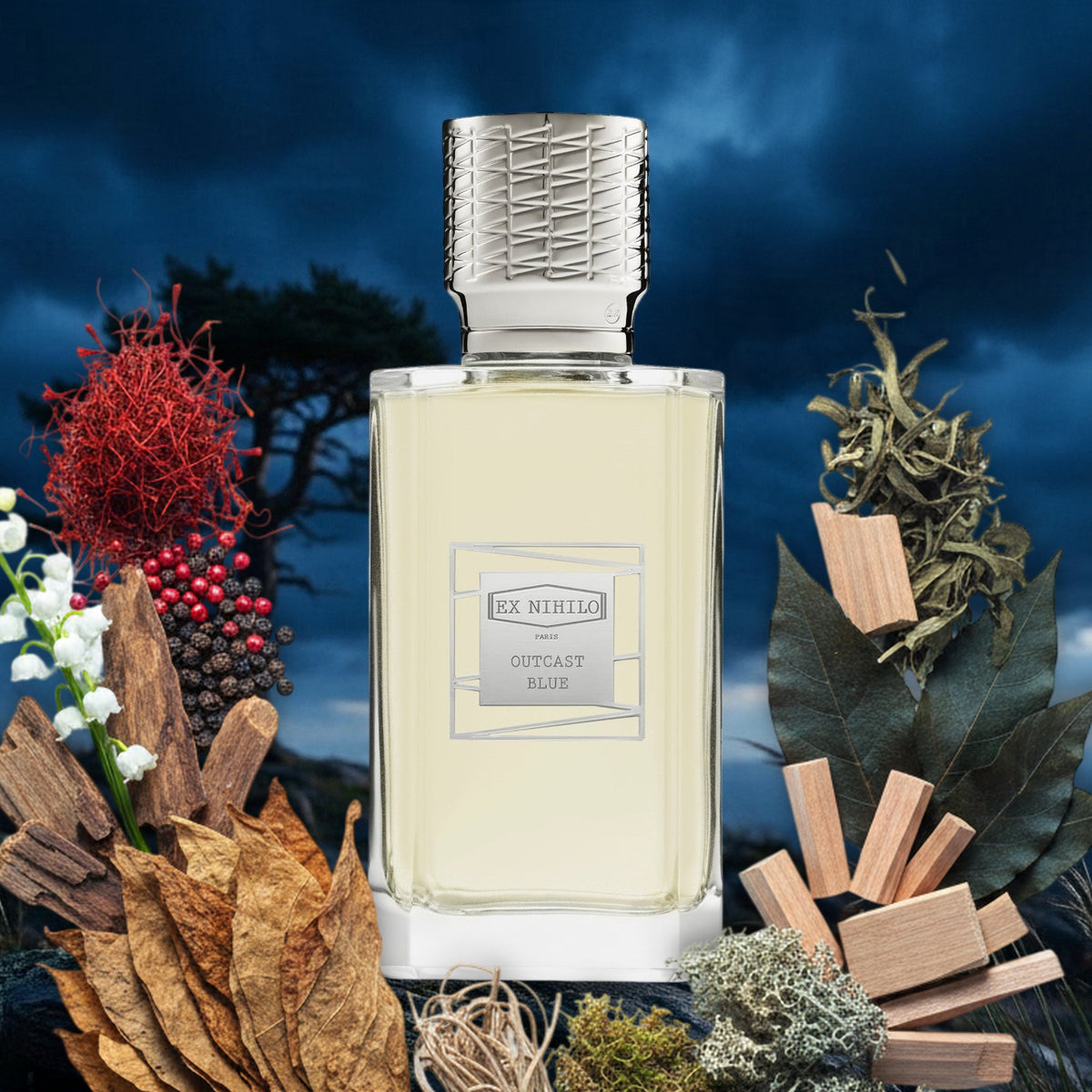 Outcast Blue von Ex Nihilo – Flakon mit Safran, Pfeffer, Zeder, Tabak, Vetiver und Eichenmoos unter herbstlichem Sturmhimmel