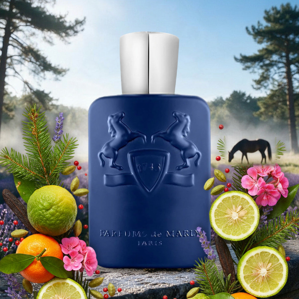 Percival von Parfums de Marly – Flakon mit Bergamotte, Mandarine, Lavendel, Geranie und Tanne im sommerlichen Lavendelfeld