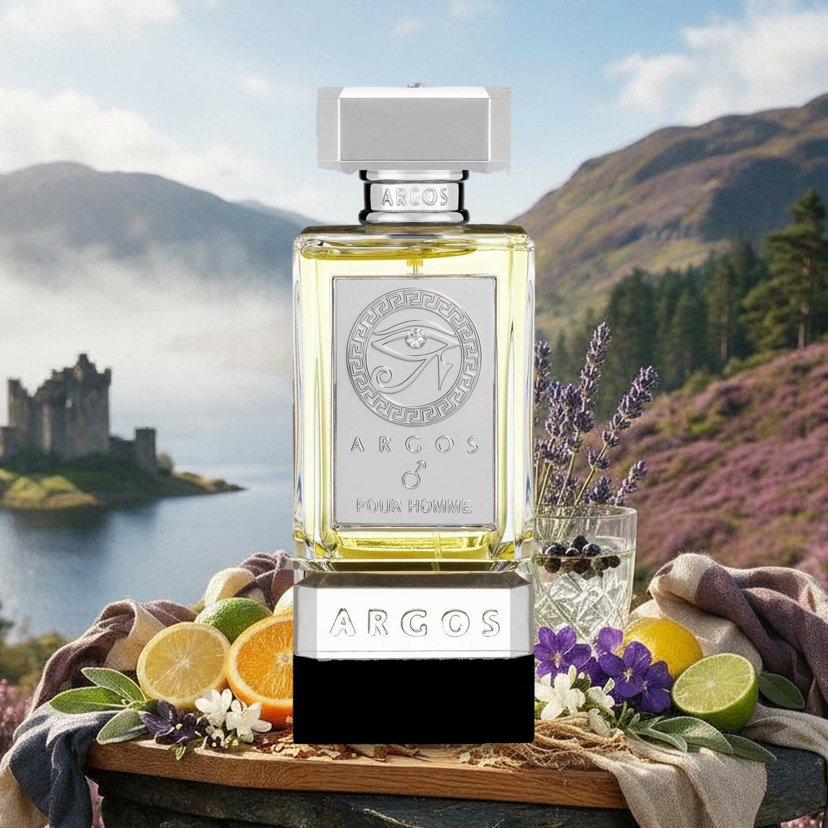 Pour Homme von Argos mit Orange, Zitrone, Limette, Gin und Lavendel vor schottischen Highlands mit Burg am Loch im Sommer