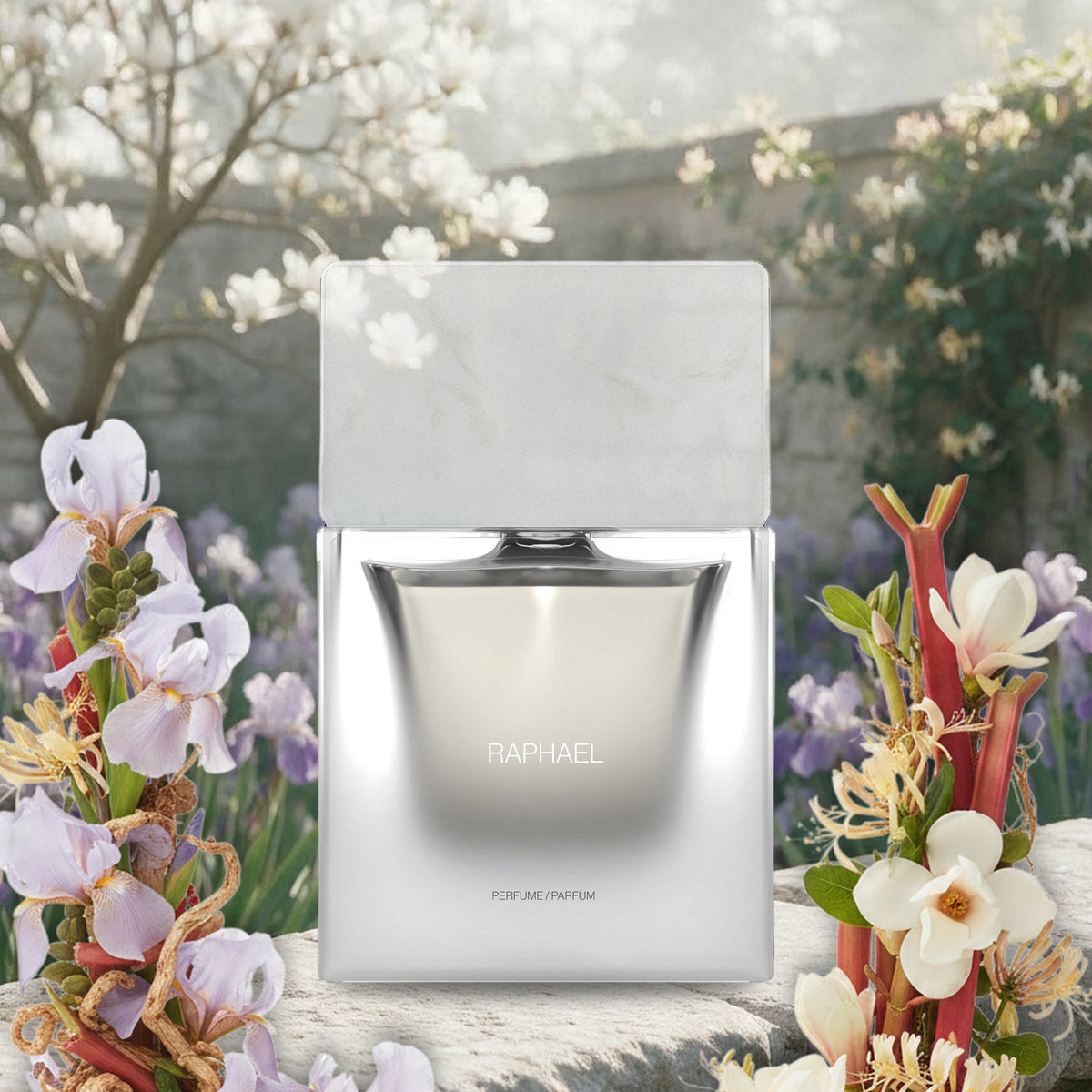 Raphael Parfum von Sora Dora in einem stillen Irisgarten an einem Frühlingsmorgen, mit Iris, Magnolie und Rhabarber