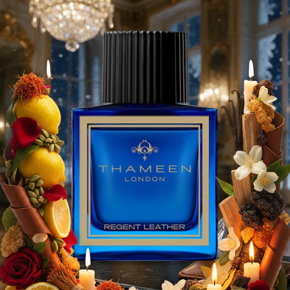Regent Leather von Thameen in einer königlichen Spiegelgalerie am Winterabend, mit Zitrone, Safran, Rose und Leder