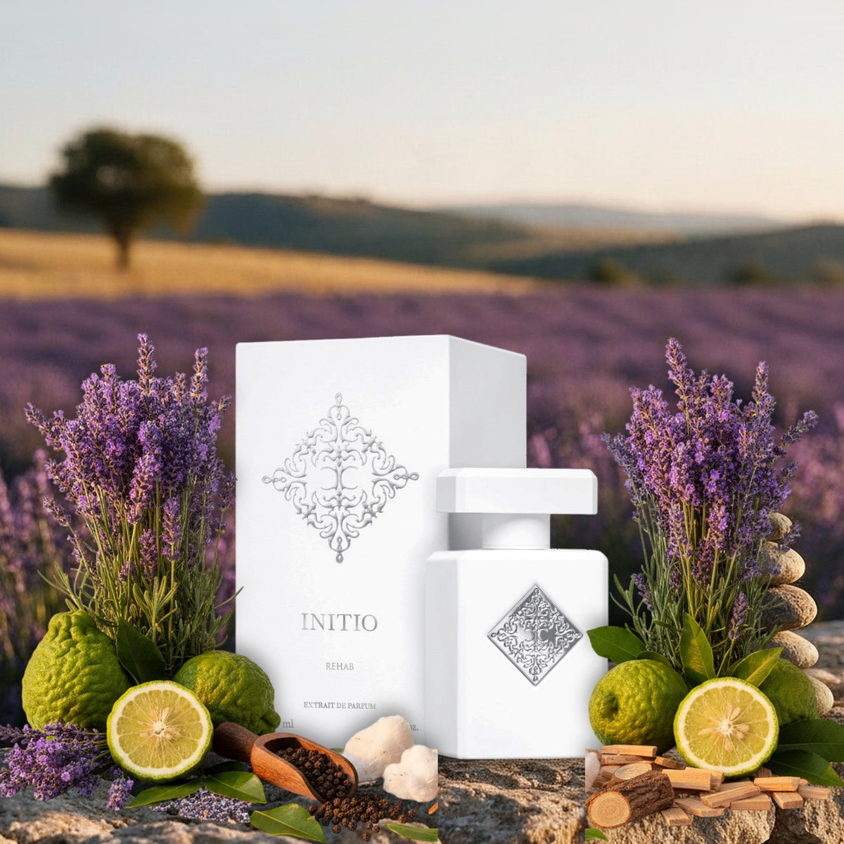 Rehab von Initio auf Trockenmauer vor Lavendelfeldern der Provence im Sommer, mit Lavendel, Bergamotte, Pfeffer und Zeder
