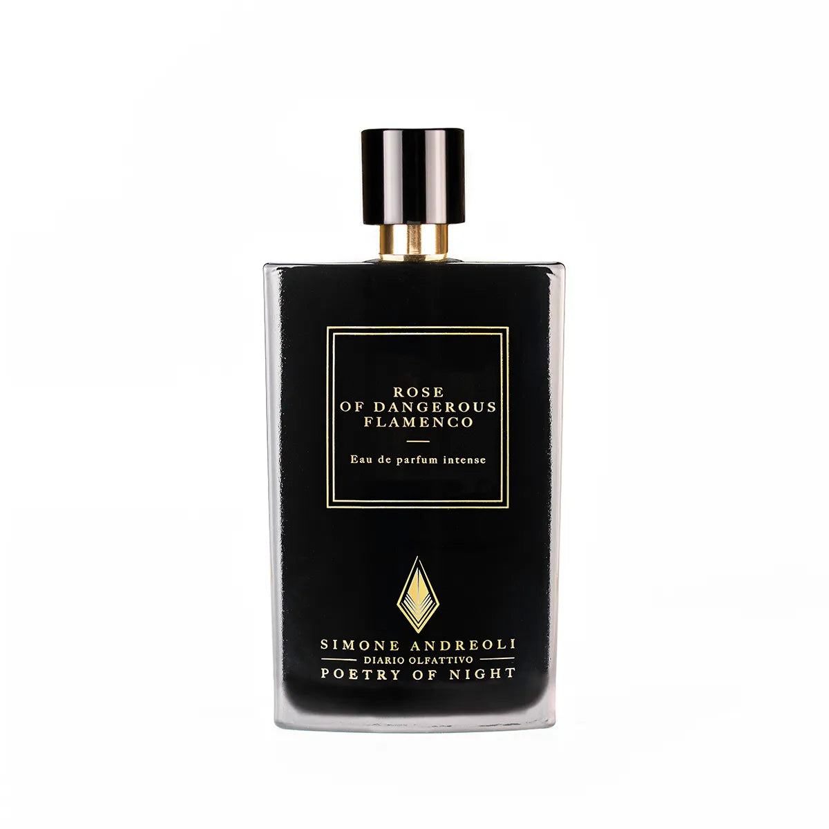Schwarzer Flakon „Rose of Dangerous Flamenco“ von Simone Andreoli mit goldener Schrift – poetisch-dunkle Eleganz.