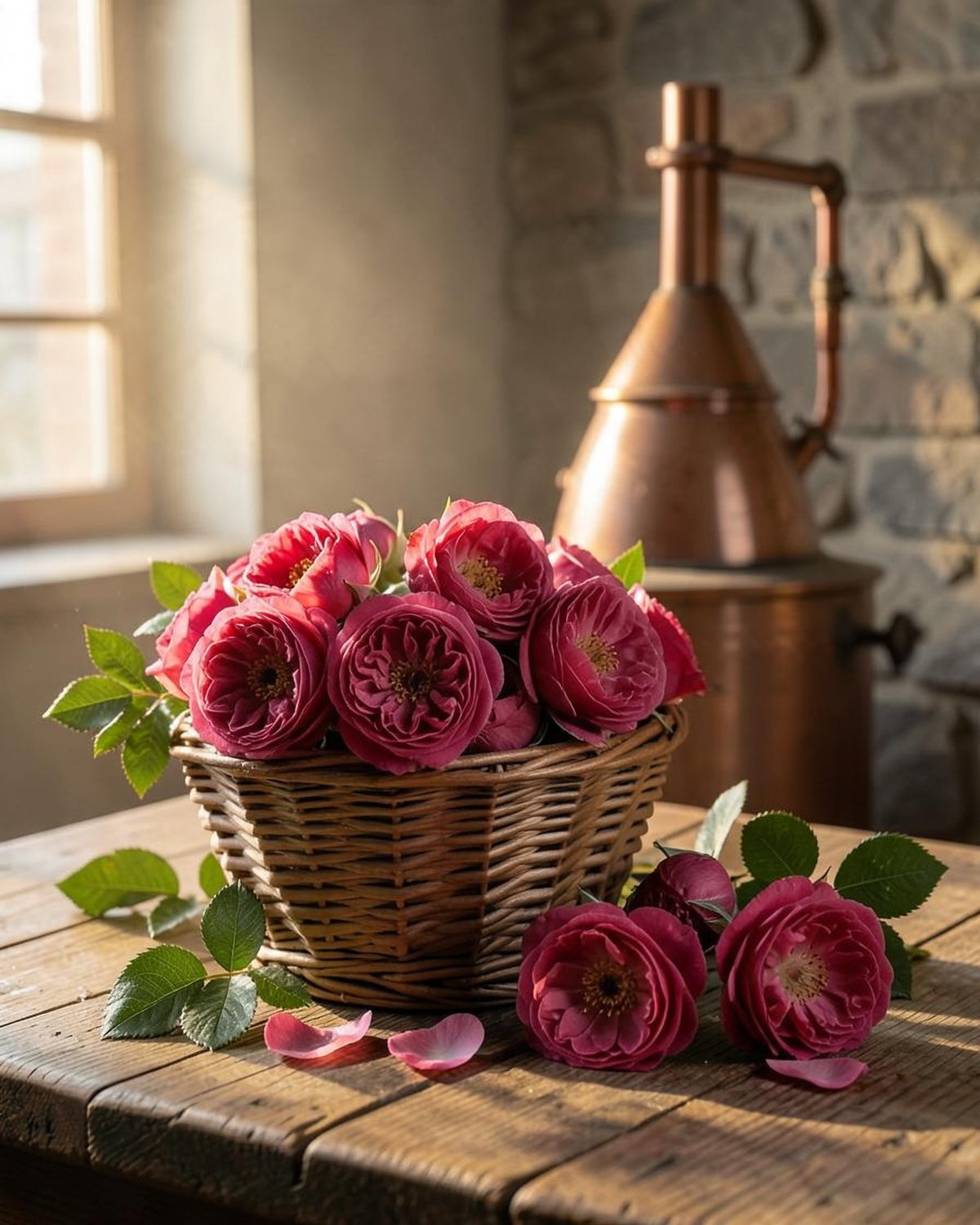 Offene Damaszener Rosen in kräftigem Rosa vor einer kupfernen Destille im warmen Fensterlicht