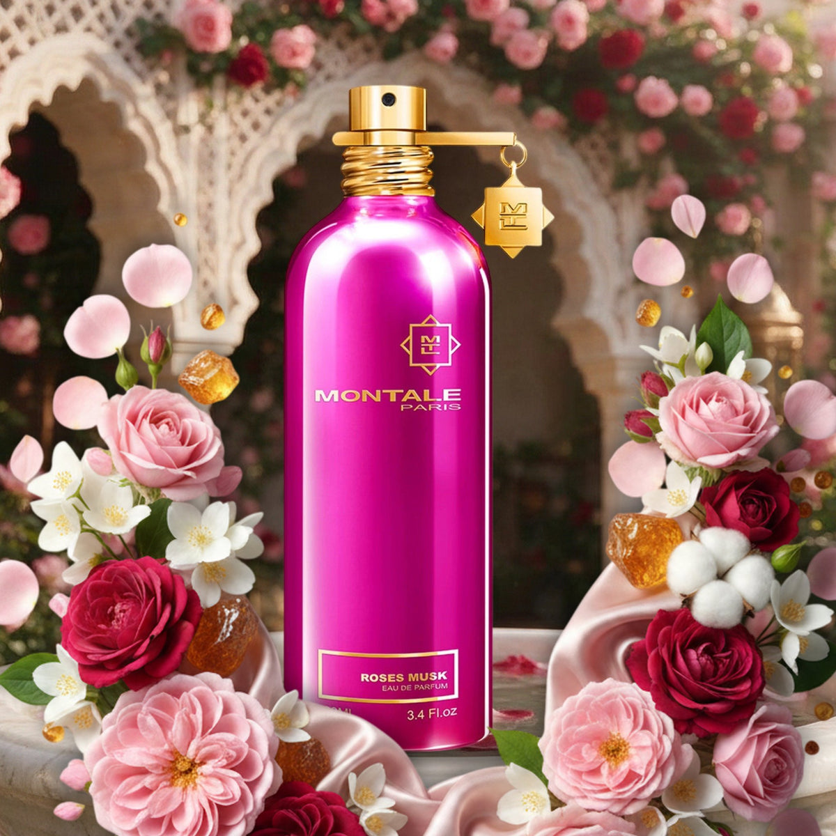 Roses Musk von Montale – Flakon mit rosa und roten Rosen, Jasmin, Amber und Seide im orientalischen Rosengarten