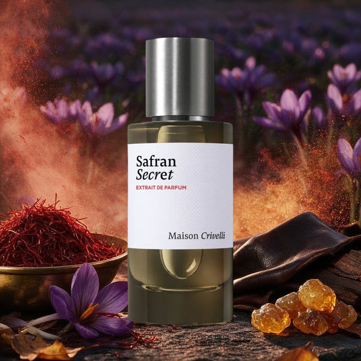 Safran Secret von Maison Crivelli mit Safranfäden, Krokusblüten, Leder und Amber im Safranfeld im Herbst