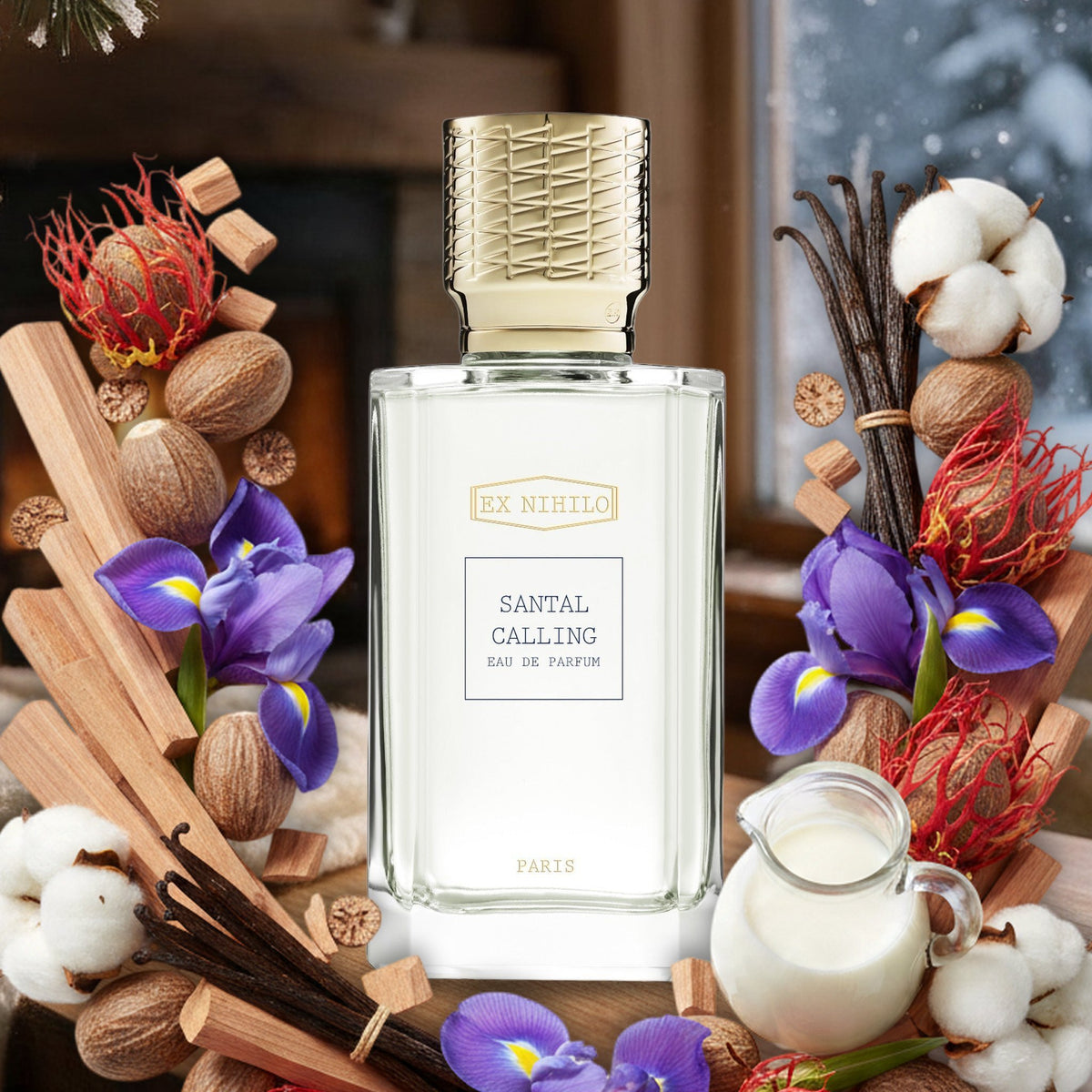 Santal Calling von Ex Nihilo im Winterchalet am Kamin, mit Sandelholz, Iris, Muskatnuss, Vanille und Milch