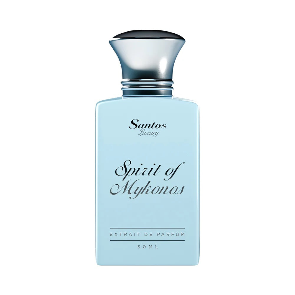 Himmelblauer Flakon mit silbernem Deckel – Spirit of Mykonos von Santos Luxury, ein tropisch-cremiger, sommerlich-süßer Nischenduft