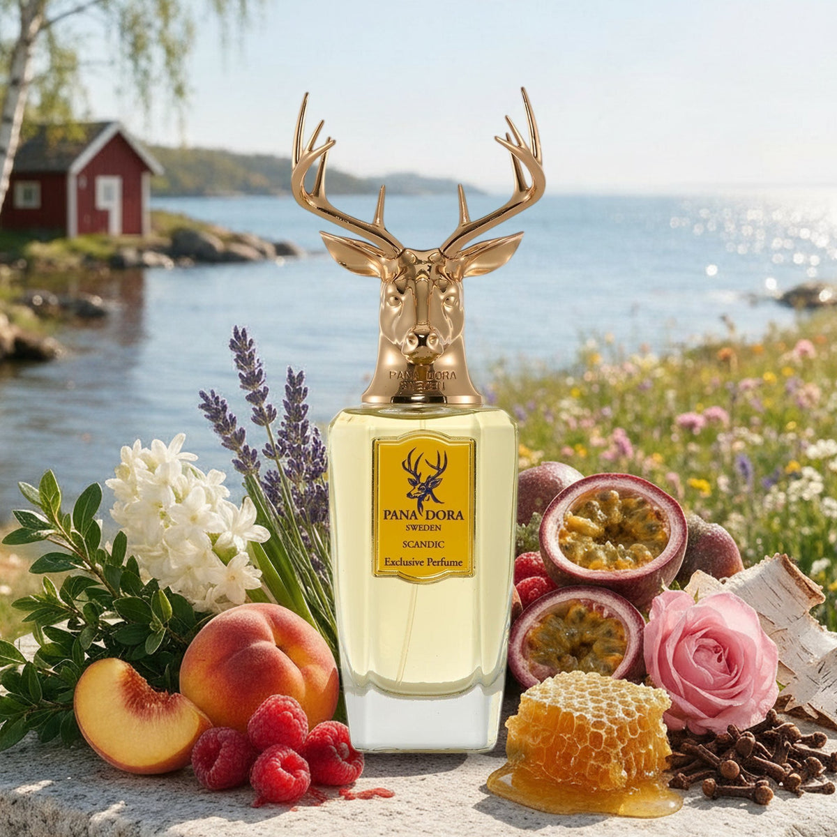 Scandic von Pana Dora mit Hyazinthe, Lavendel, Pfirsich, Rose und Honig vor nordischem Seeufer mit roter Hütte im Frühling