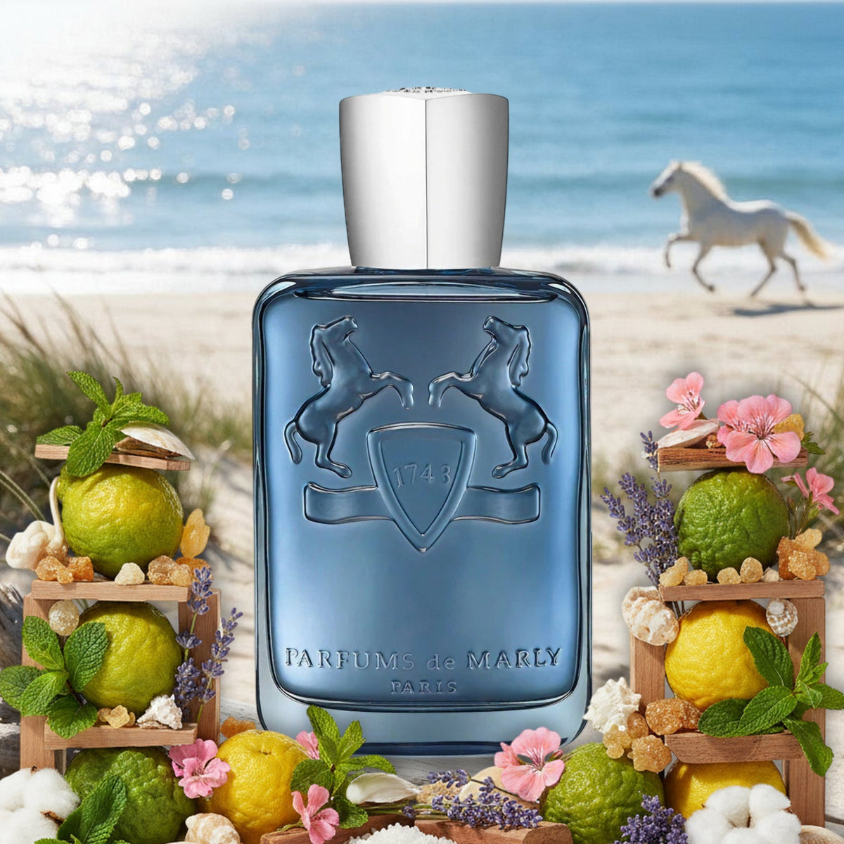 Sedley von Parfums de Marly am Sandstrand mit Dünengras und Schimmel am Meer im Sommer, umrahmt von Bergamotte und Minze