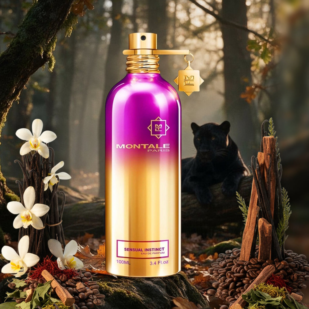 Sensual Instinct von Montale im nebligen Herbstwald mit schwarzem Panther, Vanille, Kaffeebohnen, Safran und Zeder