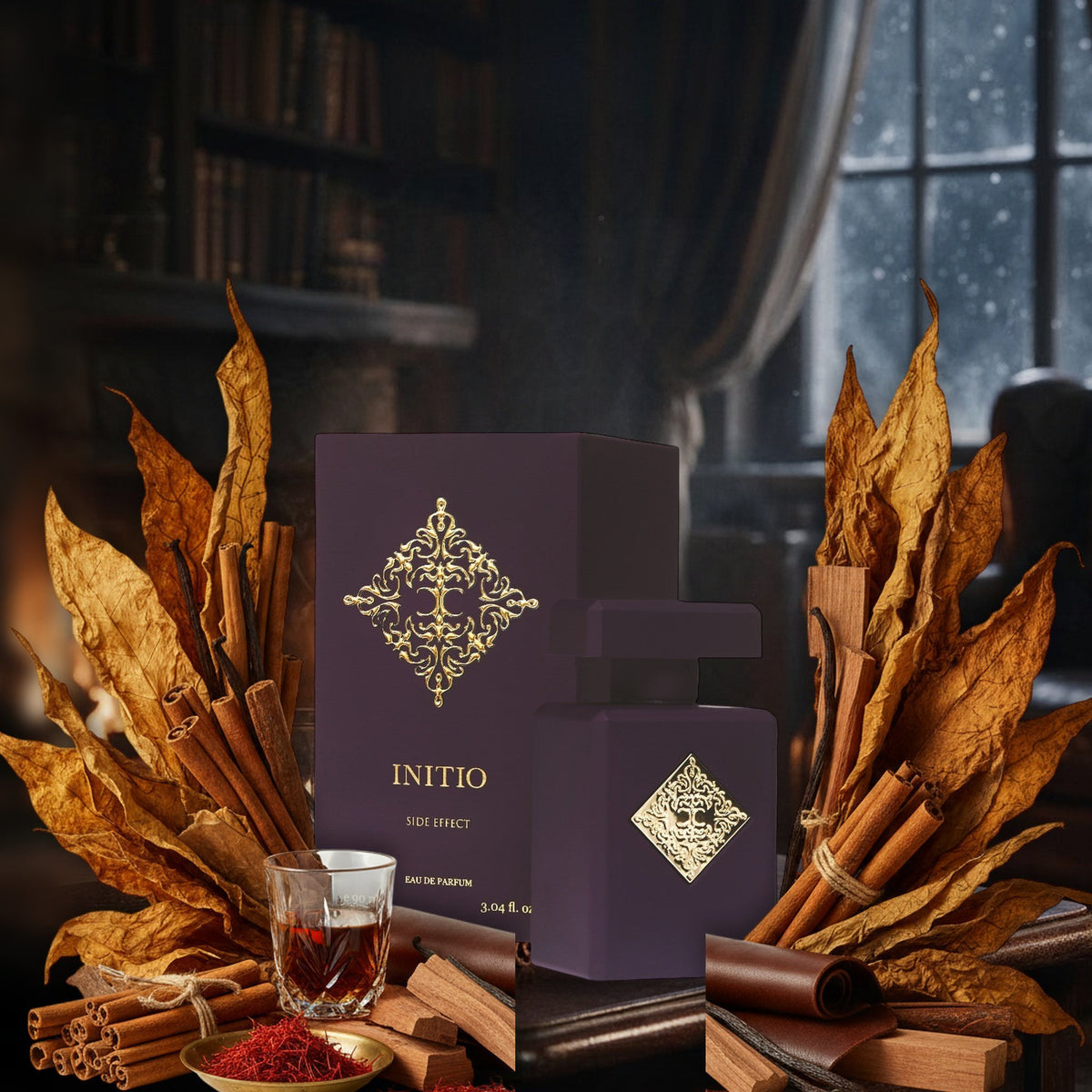 Side Effect von Initio in winterlicher Bibliothek mit Kaminfeuer, mit Tabakblättern, Zimt, Rum, Safran und Leder