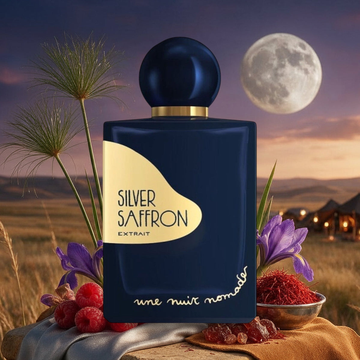 Silver Saffron von Une Nuit Nomade mit Himbeeren, Safran, Iris und Myrrhe vor weiter Ebene mit Nomadenzelten in der Dämmerung