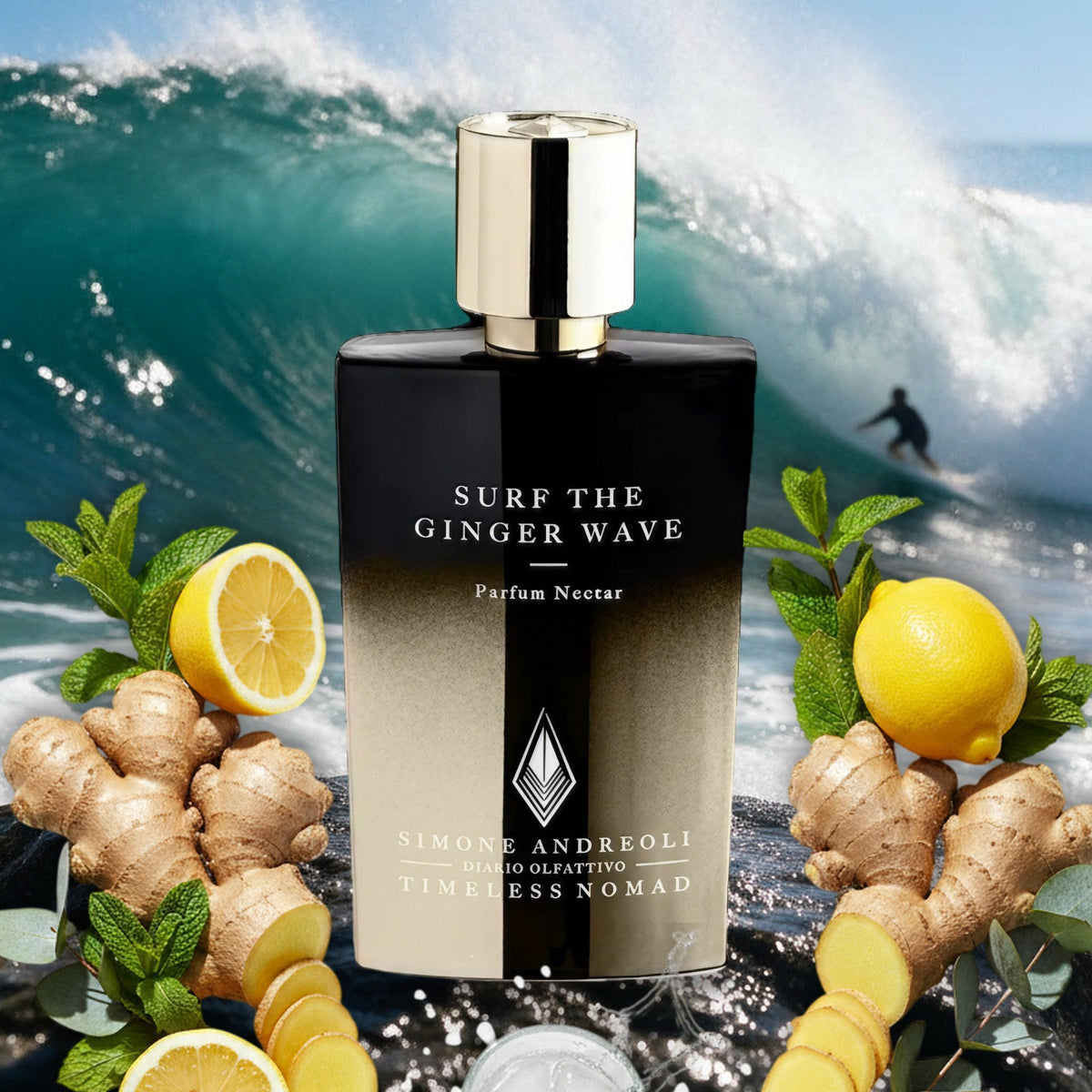 Surf the Ginger Wave von Simone Andreoli – Flakon mit Ingwer, Zitronen, Minze und Eukalyptus vor brechender Sommerwelle