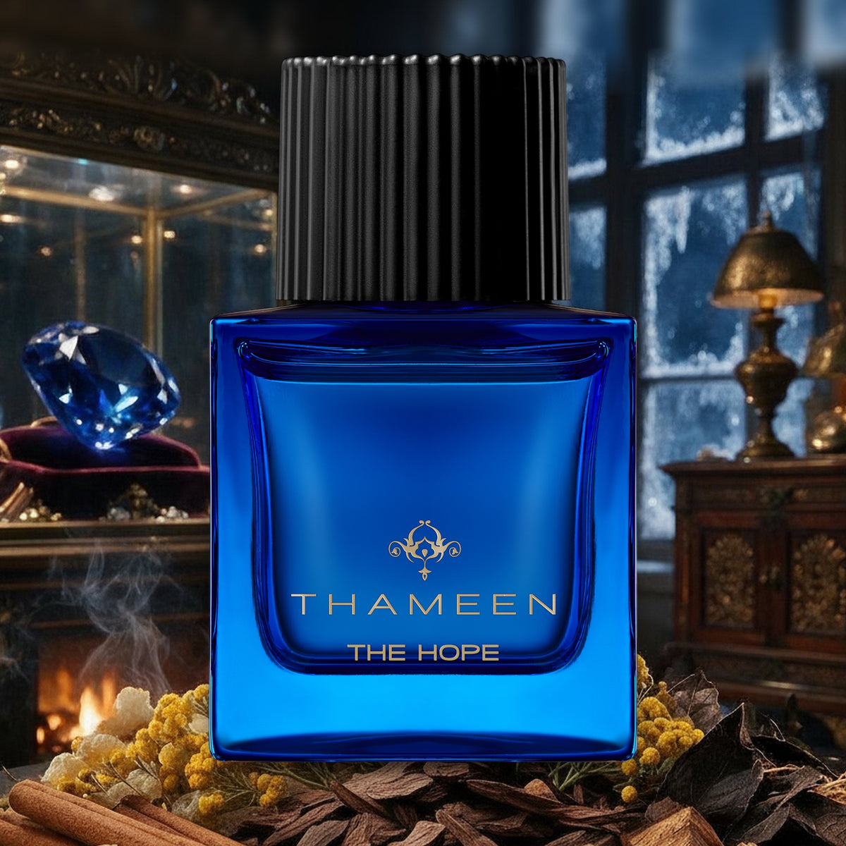 The Hope von Thameen mit Kardamom, Zimt, Weihrauch und Immortelle vor blauem Diamanten in Schatzkammer im Winter