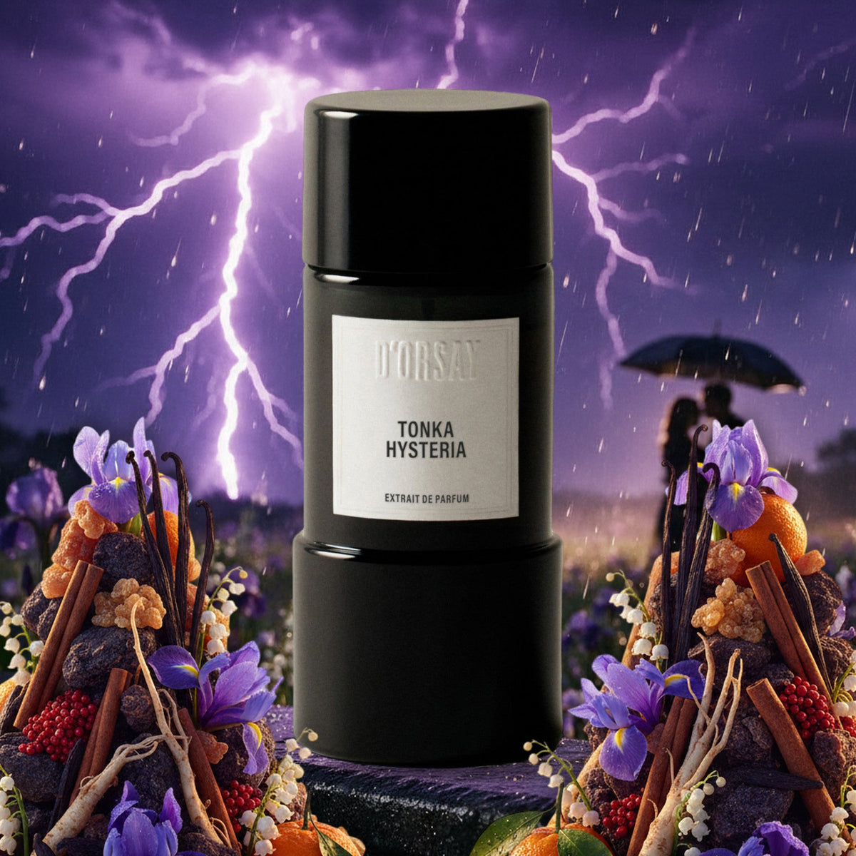 Tonka Hysteria von D’Orsay im Frühlingsgewitter mit Blitzen über Irisfeld, mit Tonkabohnen, Iris und Maiglöckchen