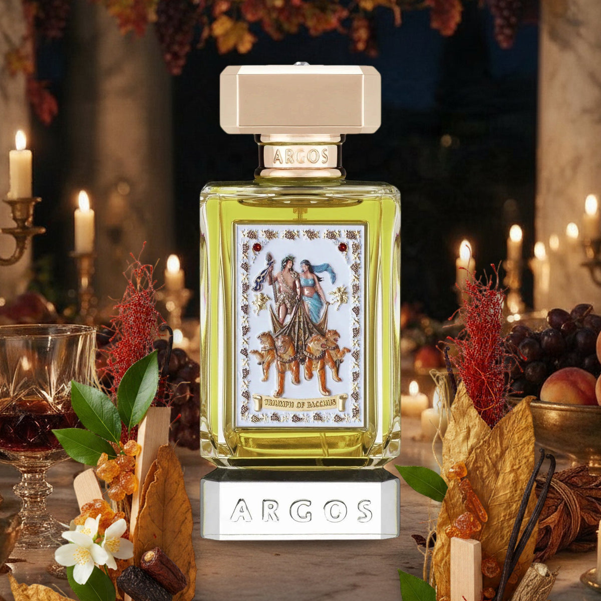 Triumph of Bacchus Extrait von Argos bei Kerzenlicht in einer römischen Villa im Herbst, mit Rum, Pfirsich, Safran und Tabak