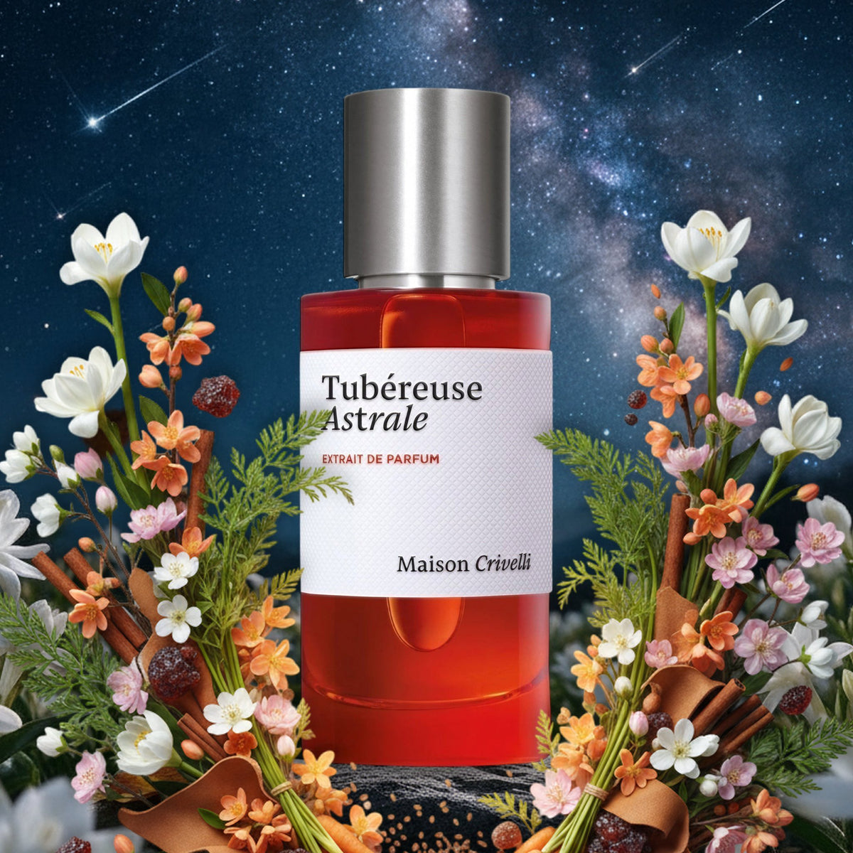 Tubéreuse Astrale von Maison Crivelli im Tuberosenfeld unter Milchstraße und Sternschnuppen, umrahmt von Osmanthus und Zimt
