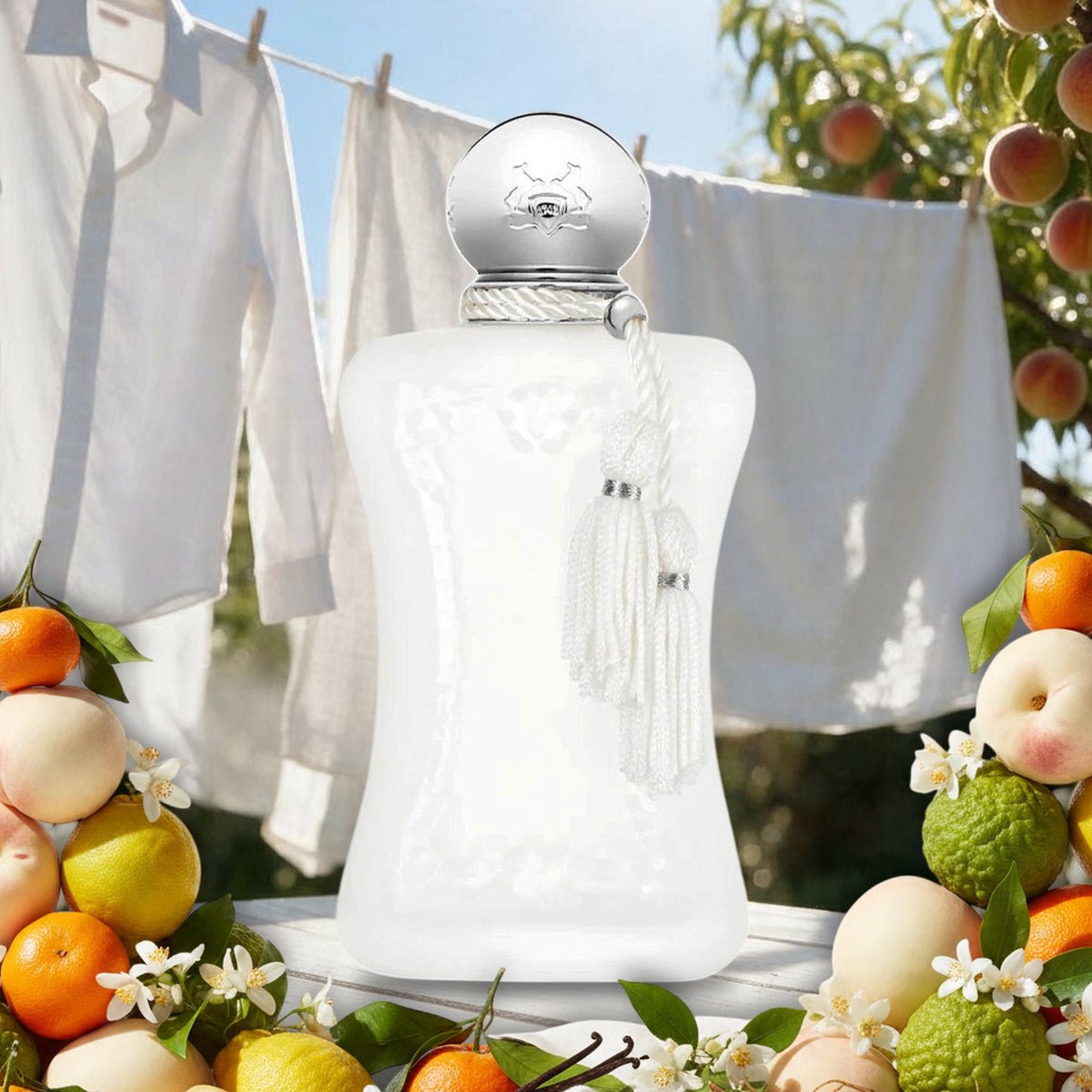 Valaya von Parfums de Marly vor frischer weißer Wäsche im Sommergarten, mit weißem Pfirsich, Mandarine und Orangenblüte