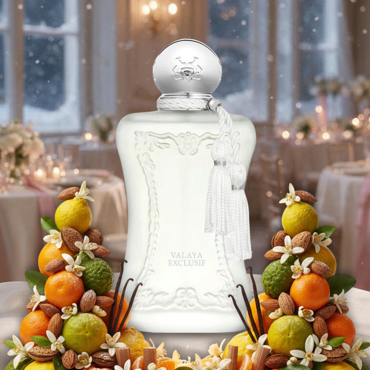 Valaya Exclusif von Parfums de Marly bei einer Winterhochzeit im Kerzenschein, mit Mandeln, Zitrus und Orangenblüte