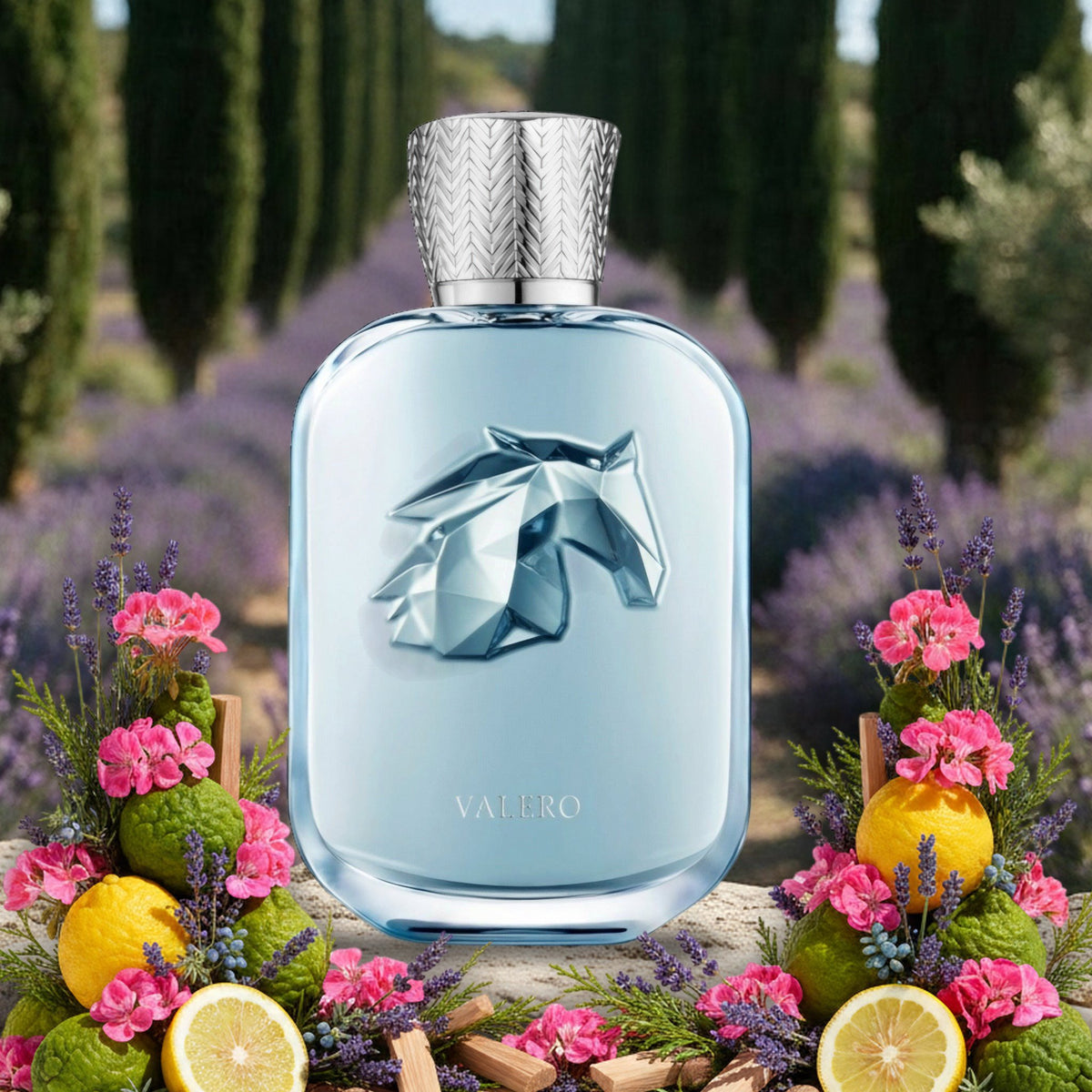 Valero von Parfums de Marly vor Zypressenallee und Lavendelfeldern im Sommer, mit Bergamotte, Zedrat und Geranie