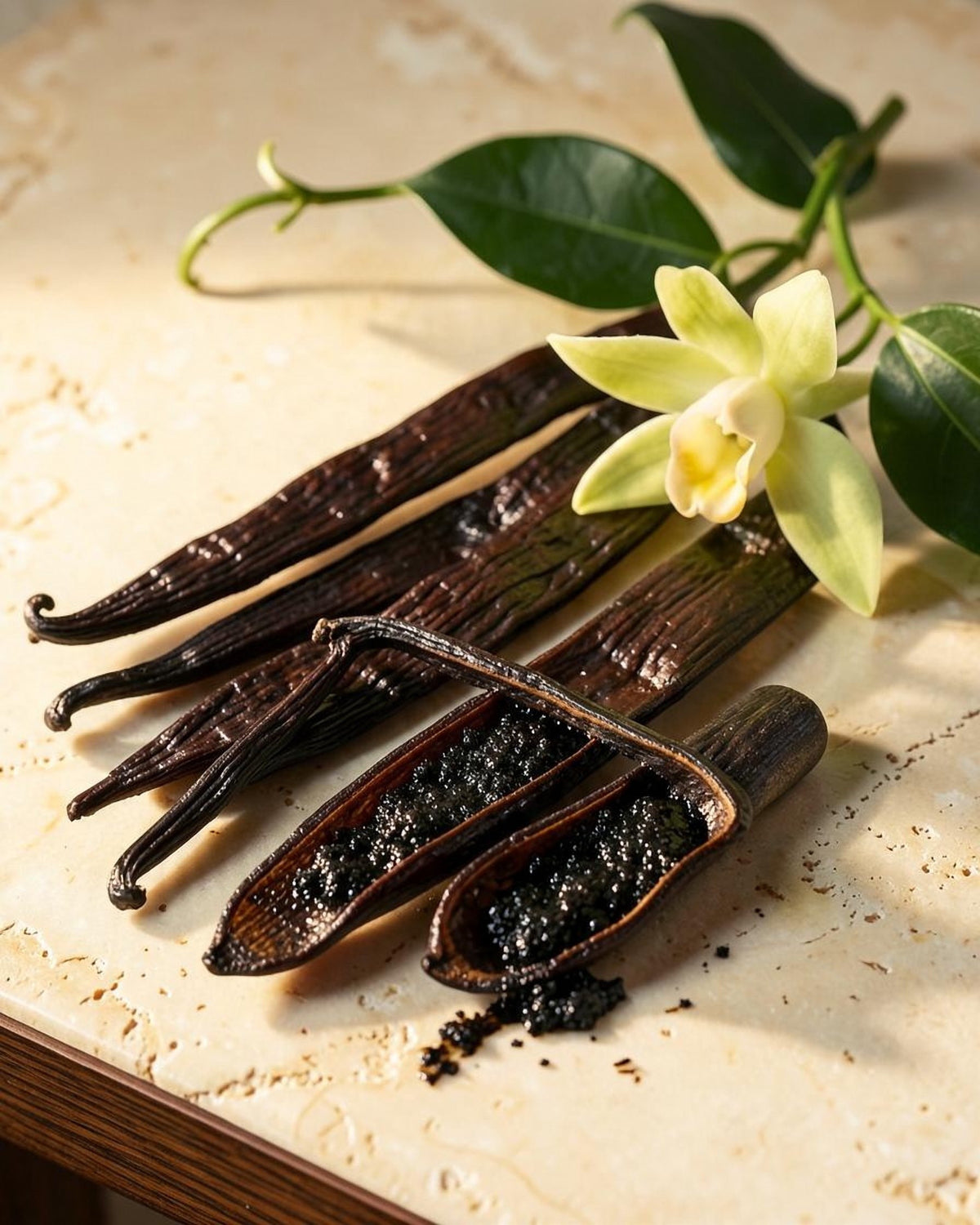 Vanilleblüte und aufgeschnittene Vanilleschoten mit Mark auf Marmor