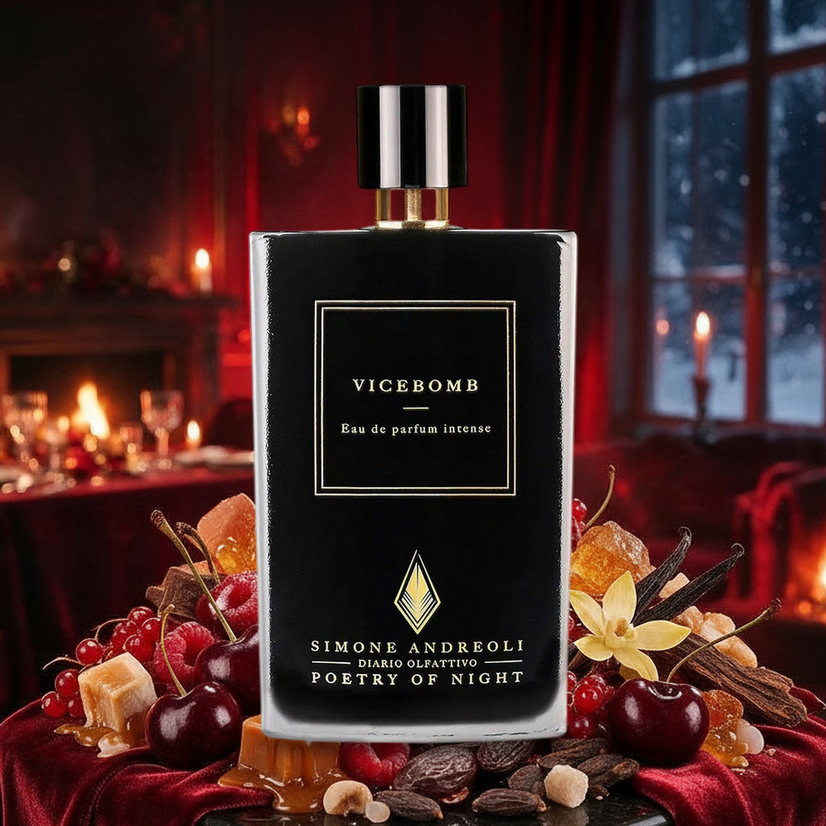 Vicebomb von Simone Andreoli mit Kirschen, Himbeeren, Karamell und Vanille in rubinroter Kerzenlounge am Winterabend
