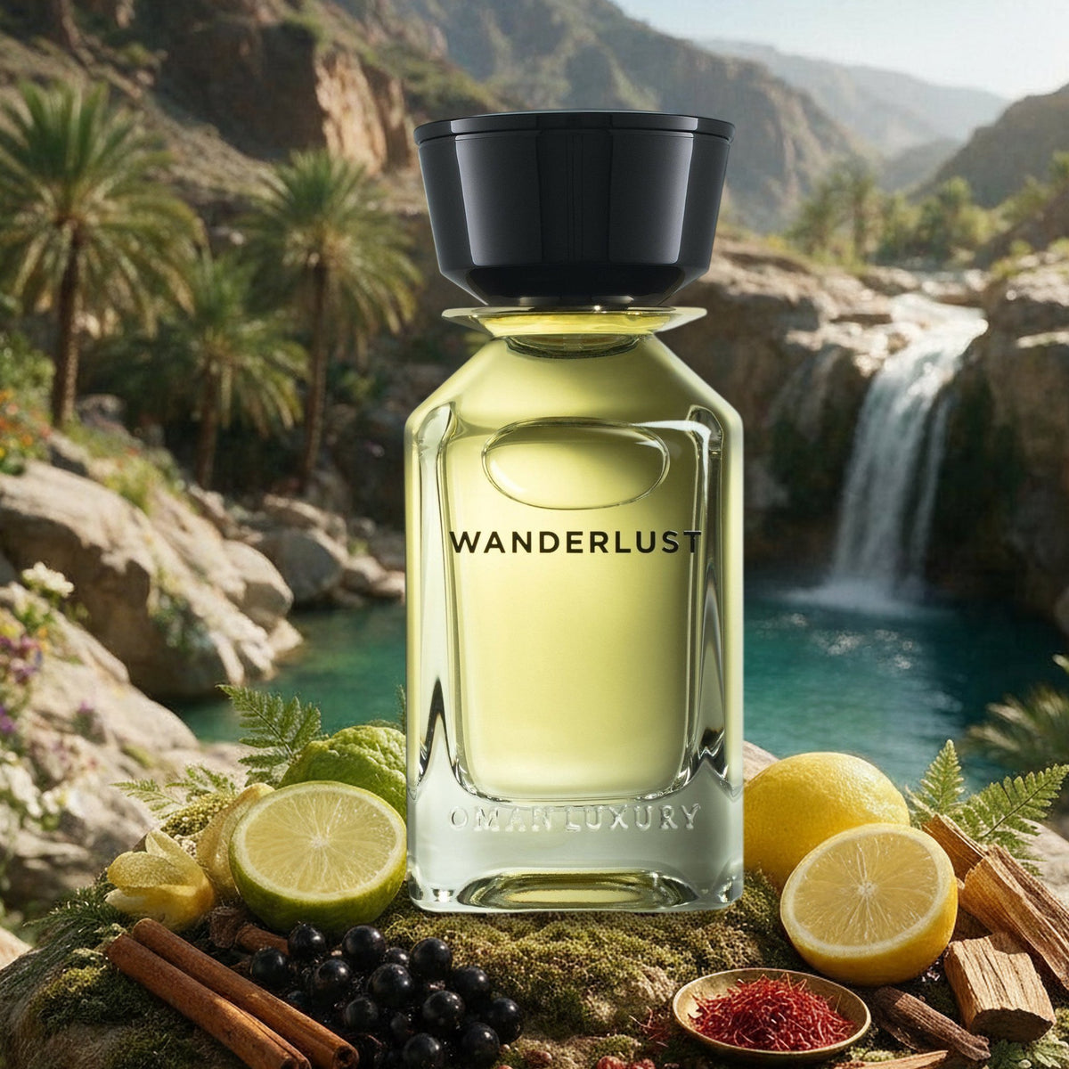 Wanderlust von Omanluxury mit Bergamotte, Zitrone, Johannisbeere und Zedernholz vor grünem Wadi in Oman im Frühling