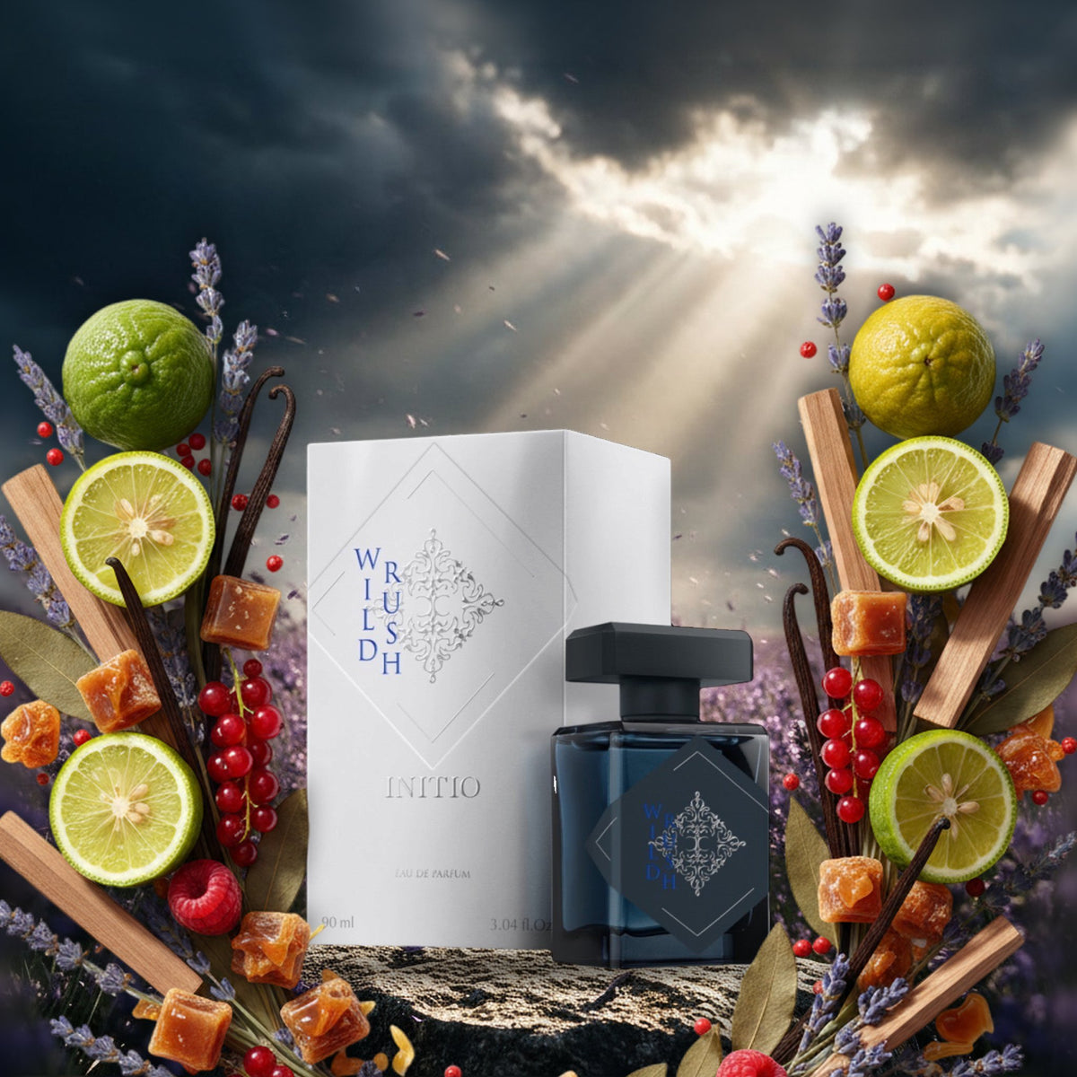 Wild Rush von Initio mit Box auf Granitfels im Lavendelfeld unter Sommergewitterhimmel, umrahmt von Bergamotte und Karamell
