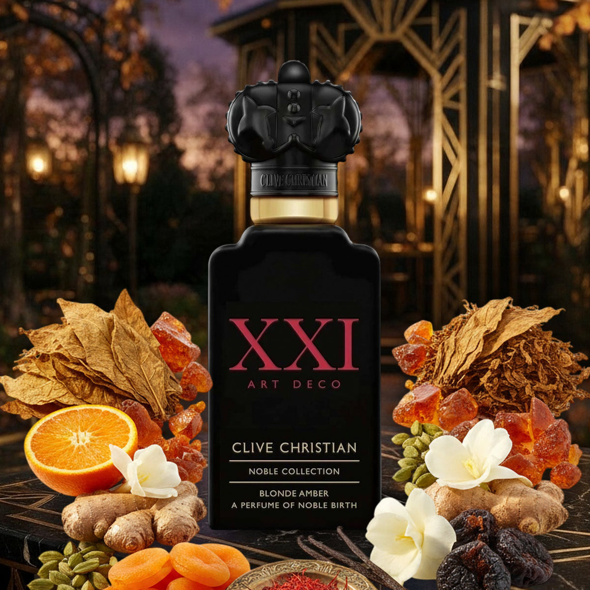 XXI Art Deco Blonde Amber von Clive Christian mit Tabak, Amber, Bitterorange und Ingwer im Art-déco-Garten im Herbst