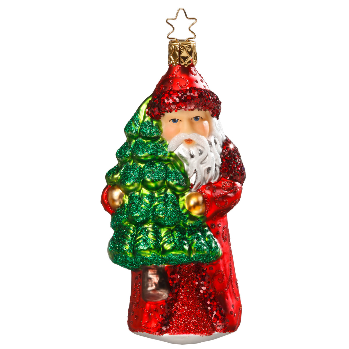Inge Glas Christbaumschmuck Nikolaus im roten Glitzermantel mit Tannenbaum, 12,5 cm