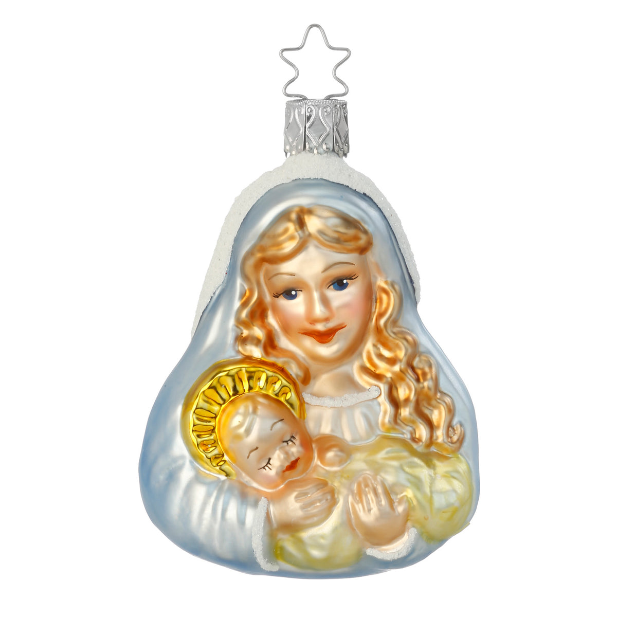 Inge Glas Christbaumschmuck Madonna mit hellblauem Schleier und Jesuskind, 8,5 cm