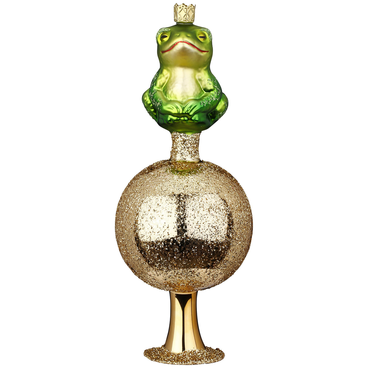 Inge Glas Christbaumspitze grüner Frosch mit Krone auf goldener Kugel, 8 x 19,5 cm