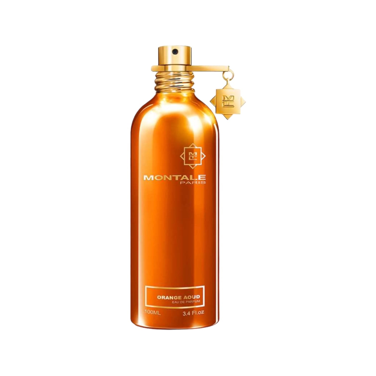 Flakon des Parfums "Orange Aoud" von Montale – ein luxuriöser Duft mit frischen Zitrusnoten, warmem Aoud und würzigen Akzenten, präsentiert in einer eleganten, metallischen Flakon.