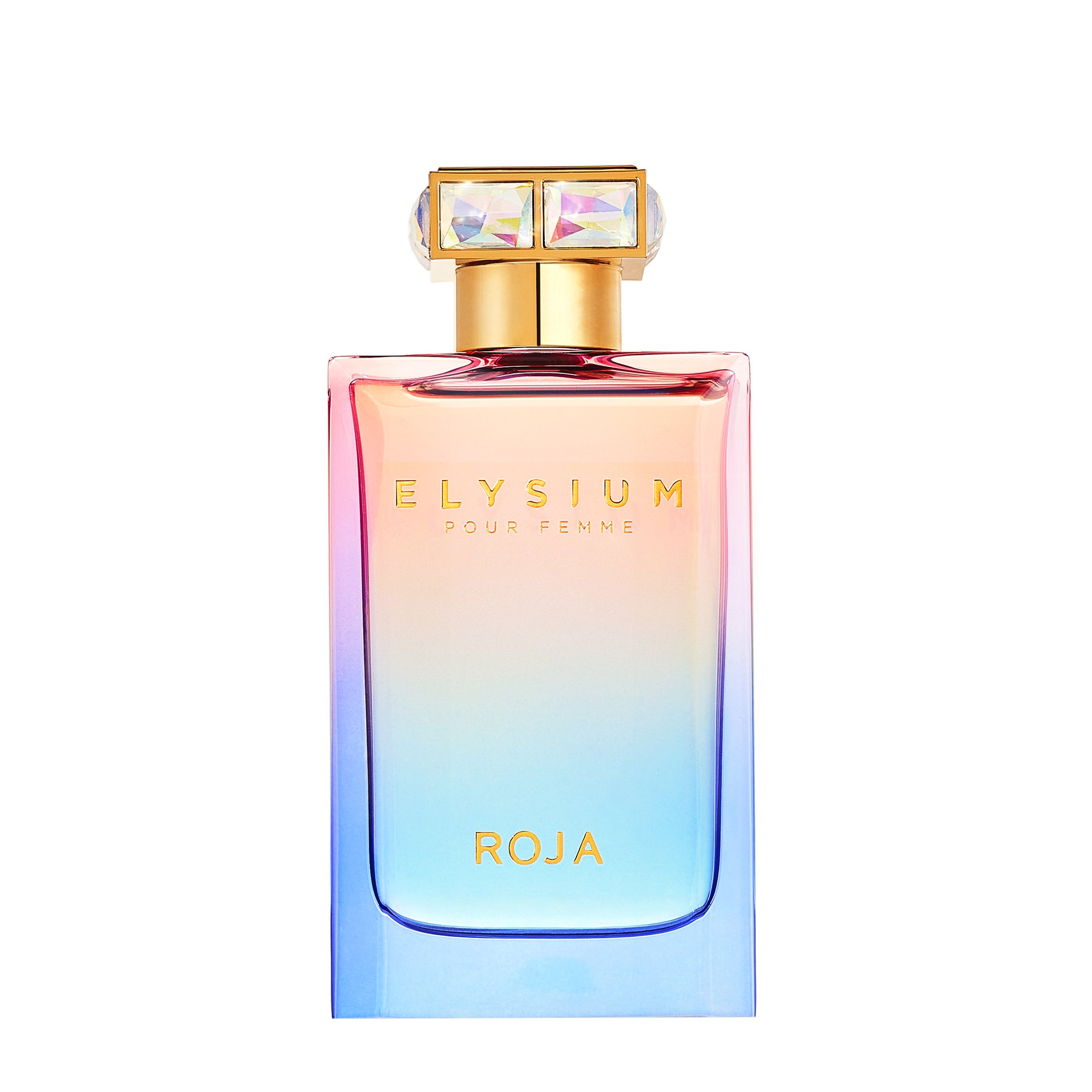 Elysium Essence de Parfum Pour Femme von Roja Parfums – luxuriöser 75 ml Flakon in Pink-Blau-Verlauf mit ikonischer Kristallkappe. Femininer, fruchtig-blumiger Duft.