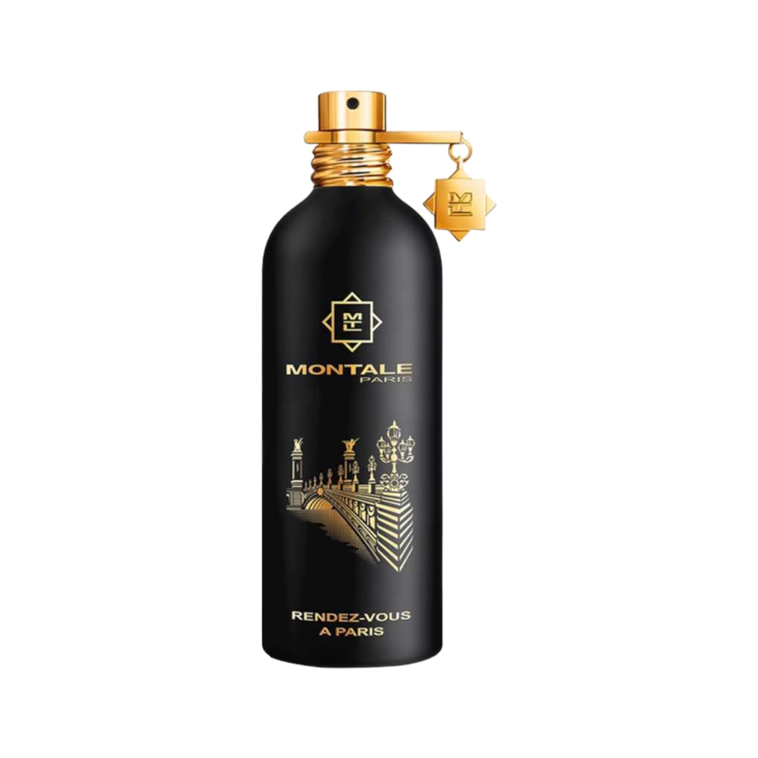 Flakon des Parfums "Rendez-vous à Paris" von Montale – ein eleganter, metallischer Flakon in matte schwarz mit goldenem Detail, inspiriert von der Romantik und dem Charme der Stadt Paris.